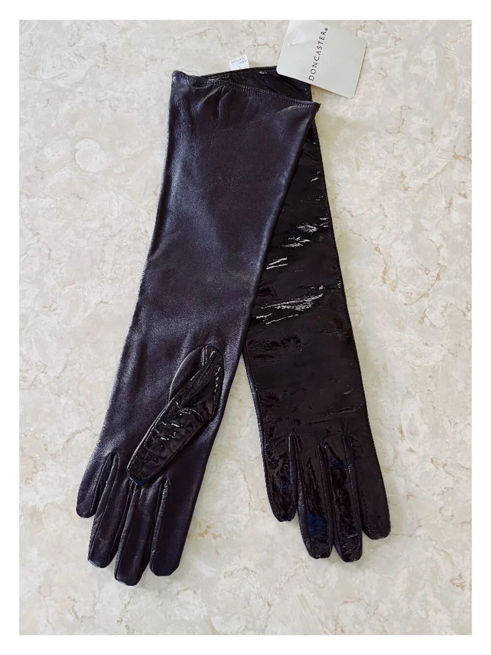 NWT VTG Doncaster Sz S Black Patent Leather and Silk Opera Gloves